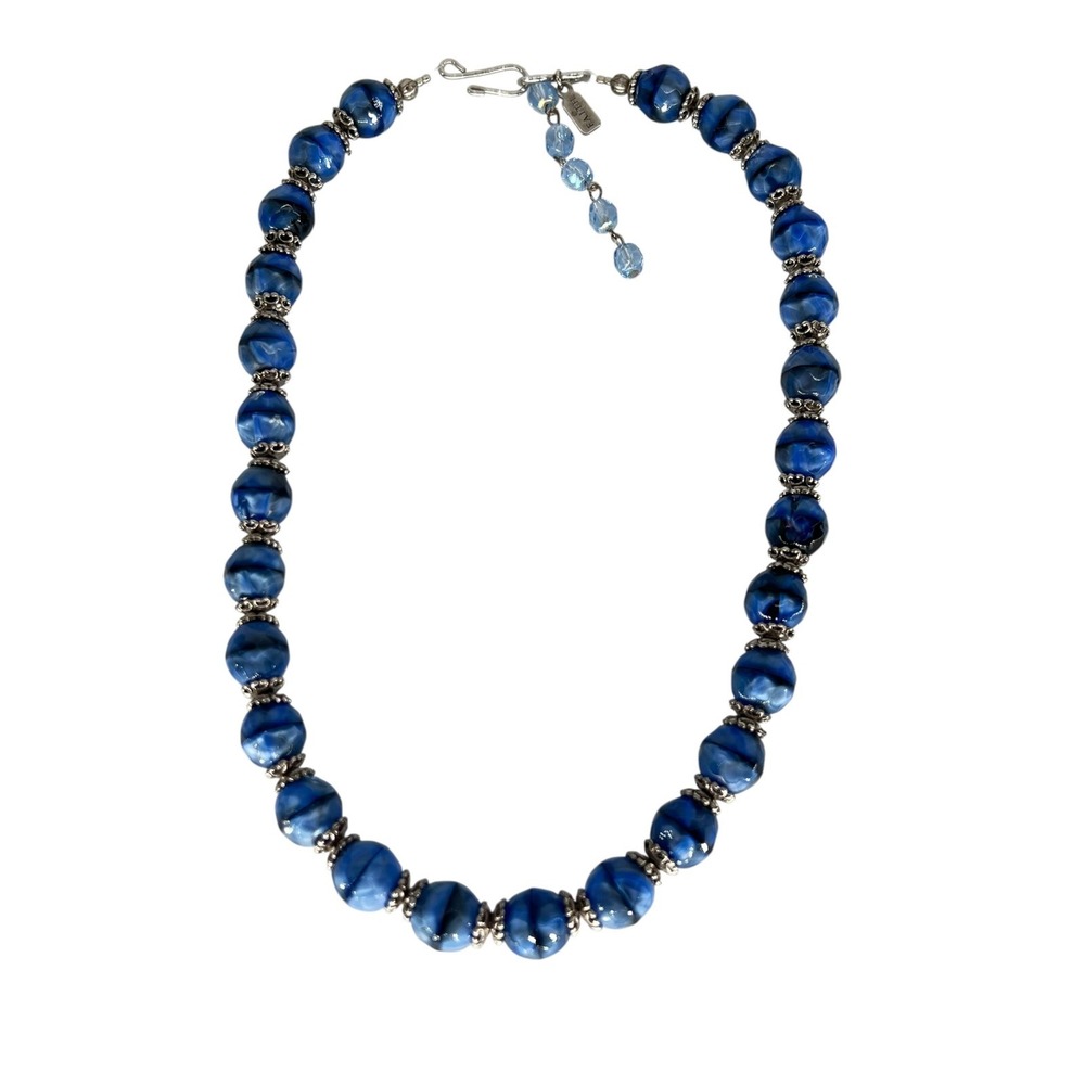 Faith Necklace Women OS Blue Marbled Beaded Silver Tone Filigree Statement Hook
